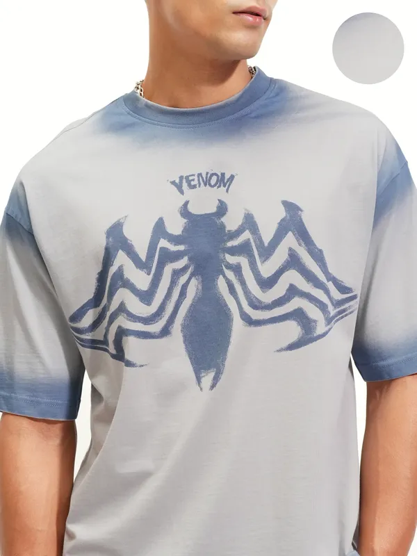 Marvel By Highlander Men Grey Venom Printed Round Neck Oversized Fit T-Shirt
