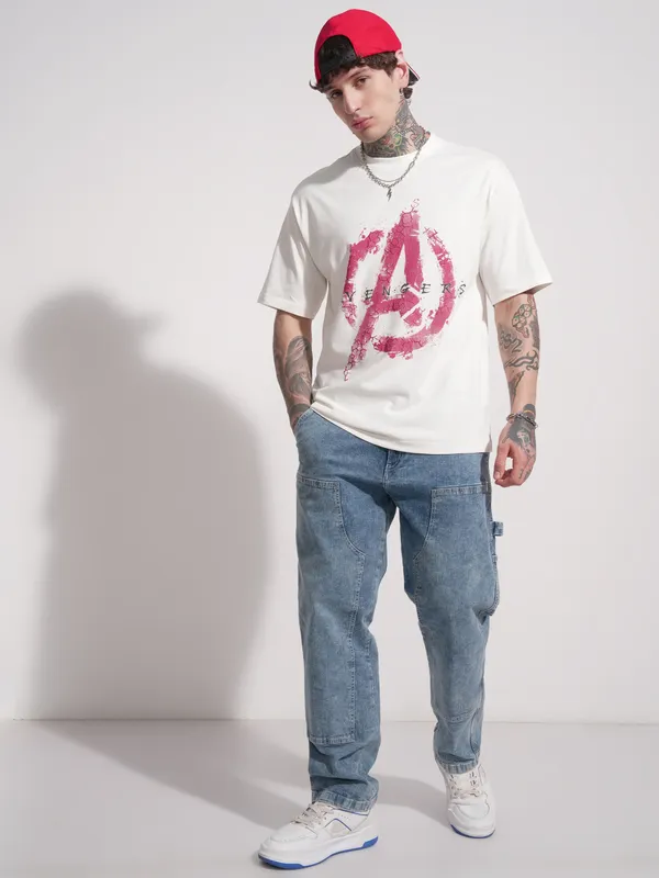 Marvel By Highlander Men Off White Avengers Printed Round Neck T-Shirt