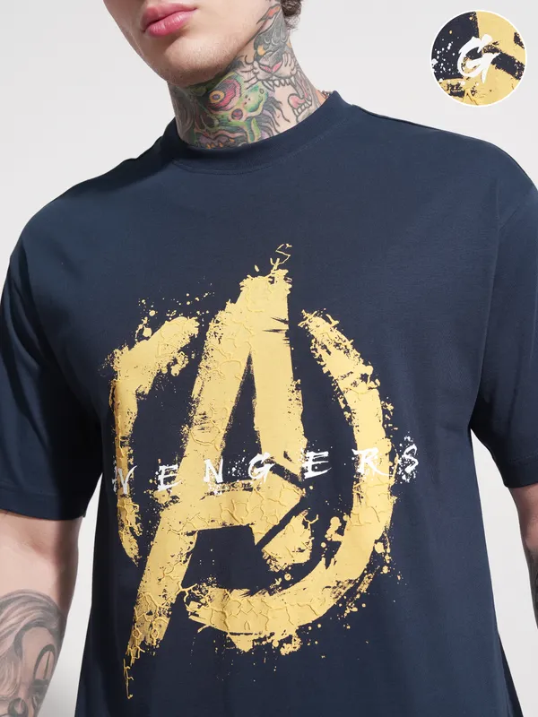 Marvel By Highlander Men Navy Blue Avengers Printed Round Neck T-Shirt