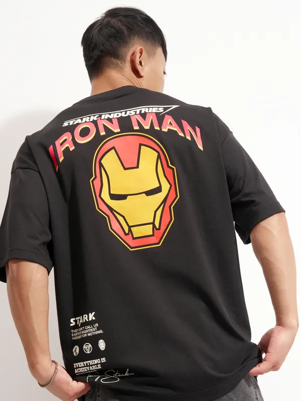 Marvel By Highlander Men Black Iron Man Printed Round Neck Oversized Fit T-Shirt