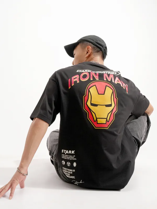 Marvel By Highlander Men Black Iron Man Printed Round Neck Oversized Fit T-Shirt