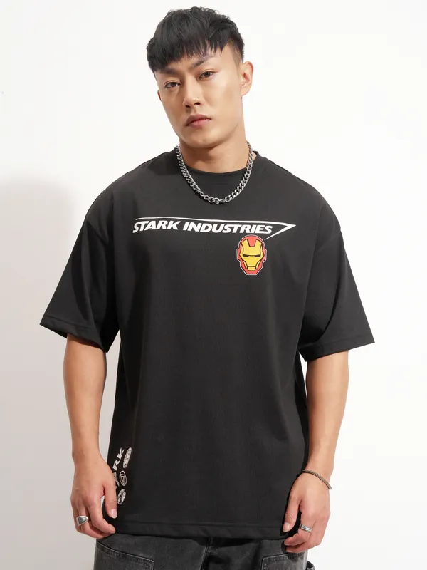 Marvel By Highlander Men Black Iron Man Printed Round Neck Oversized Fit T-Shirt