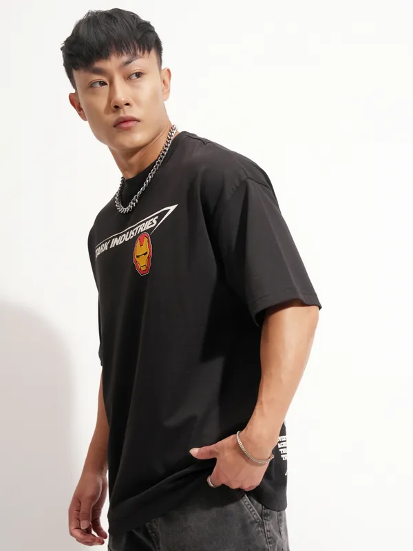 Marvel By Highlander Men Black Iron Man Printed Round Neck Oversized Fit T-Shirt