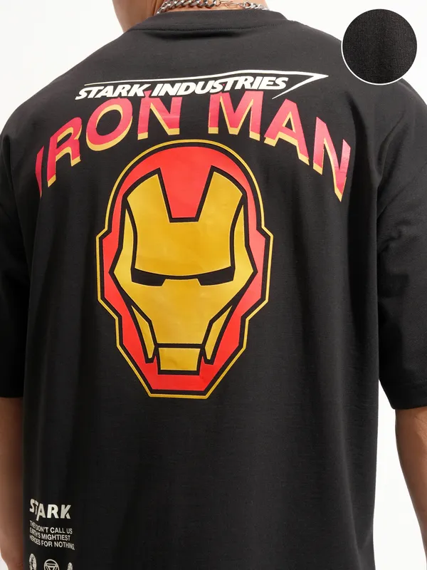 Marvel By Highlander Men Black Iron Man Printed Round Neck Oversized Fit T-Shirt