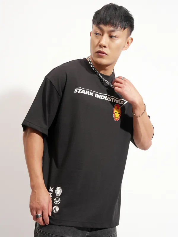 Marvel By Highlander Men Black Iron Man Printed Round Neck Oversized Fit T-Shirt