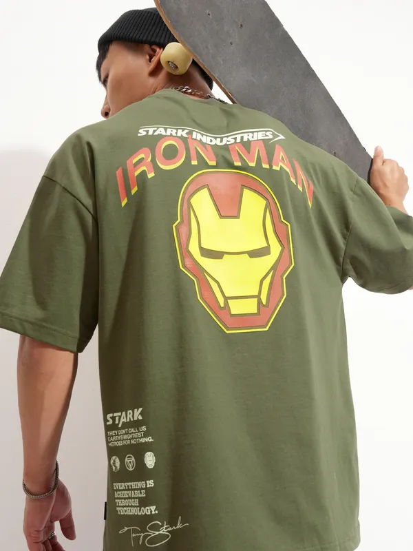 Marvel By Highlander Men Olive Iron Man Printed Round Neck Oversized Fit T-Shirt