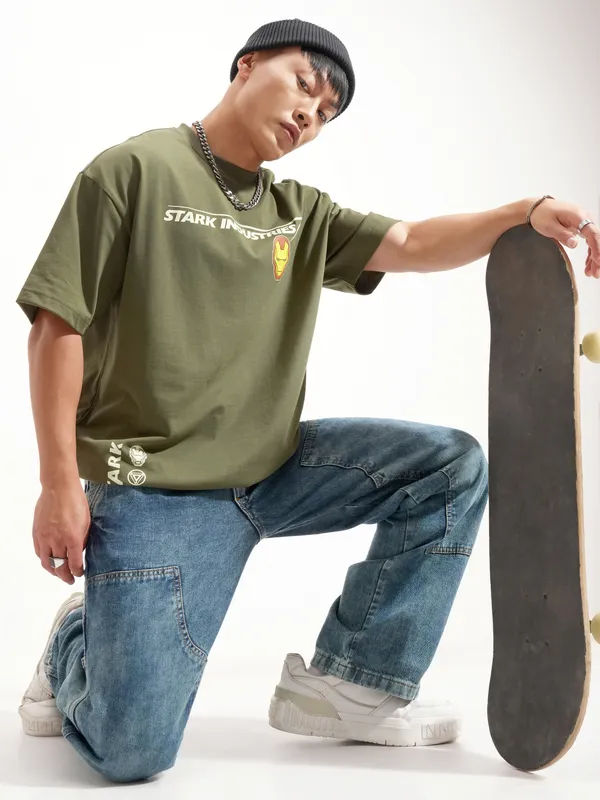 Marvel By Highlander Men Olive Iron Man Printed Round Neck Oversized Fit T-Shirt