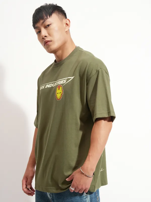 Marvel By Highlander Men Olive Iron Man Printed Round Neck Oversized Fit T-Shirt