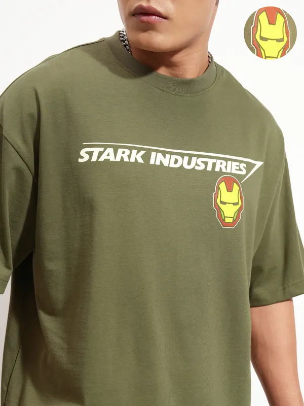 Marvel By Highlander Men Olive Iron Man Printed Round Neck Oversized Fit T-Shirt