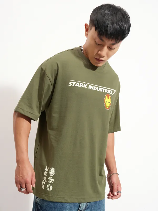 Marvel By Highlander Men Olive Iron Man Printed Round Neck Oversized Fit T-Shirt