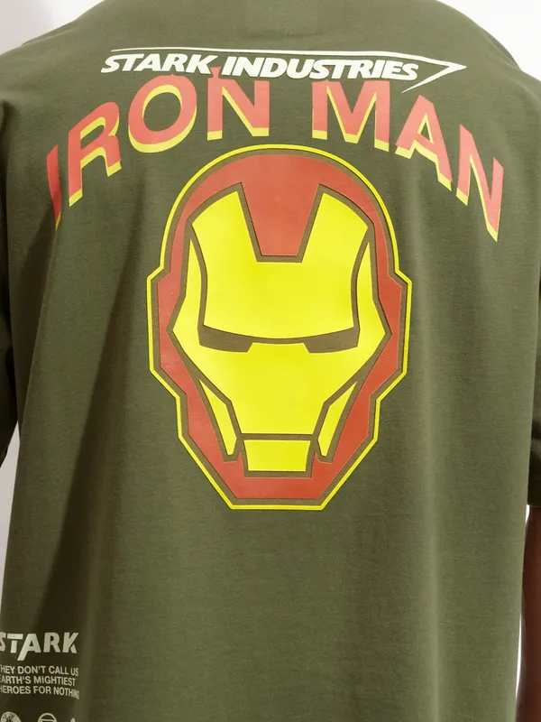 Marvel By Highlander Men Olive Iron Man Printed Round Neck Oversized Fit T-Shirt