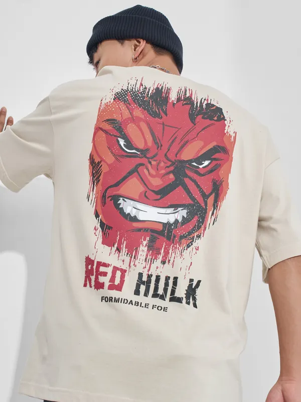 Marvel By Highlander Men Cream Hulk Printed Round Neck Oversized Fit T-Shirt
