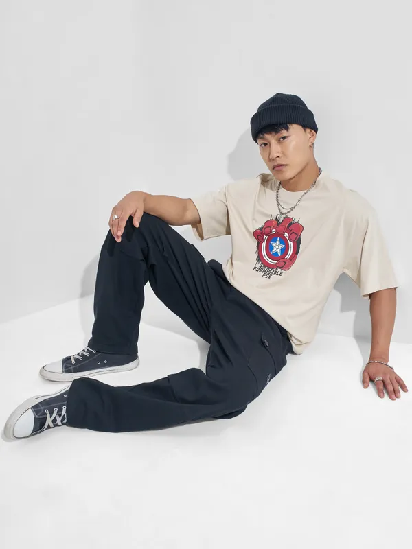 Marvel By Highlander Men Cream Hulk Printed Round Neck Oversized Fit T-Shirt