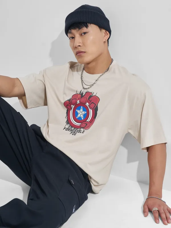 Marvel By Highlander Men Cream Hulk Printed Round Neck Oversized Fit T-Shirt