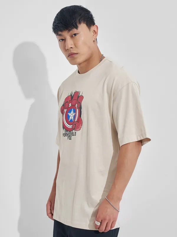 Marvel By Highlander Men Cream Hulk Printed Round Neck Oversized Fit T-Shirt