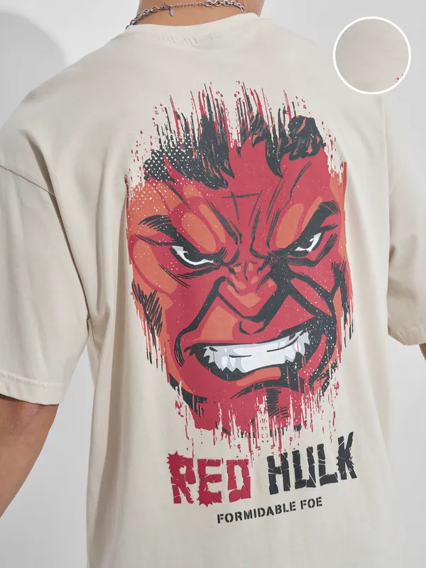 Marvel By Highlander Men Cream Hulk Printed Round Neck Oversized Fit T-Shirt
