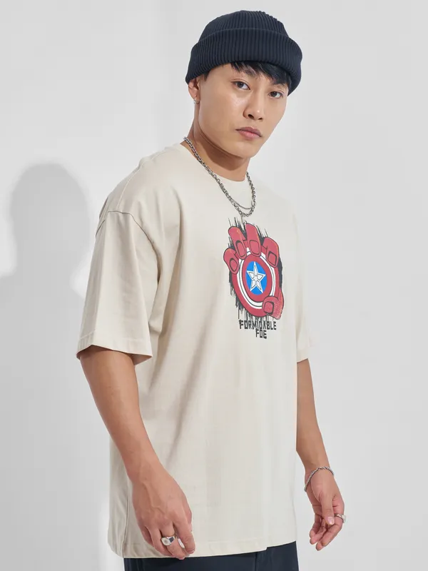 Marvel By Highlander Men Cream Hulk Printed Round Neck Oversized Fit T-Shirt