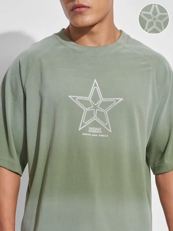 Marvel By Highlander Men Green Captain America Printed Round Neck Oversized Fit T-Shirt