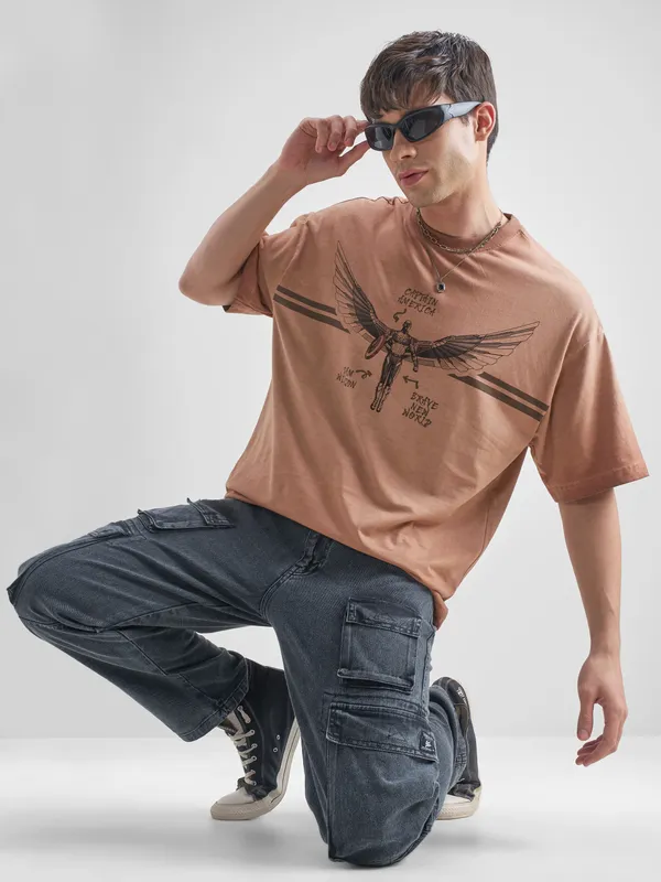 Marvel By Highlander Men Brown Captain America Printed Round Neck Oversized Fit T-Shirt