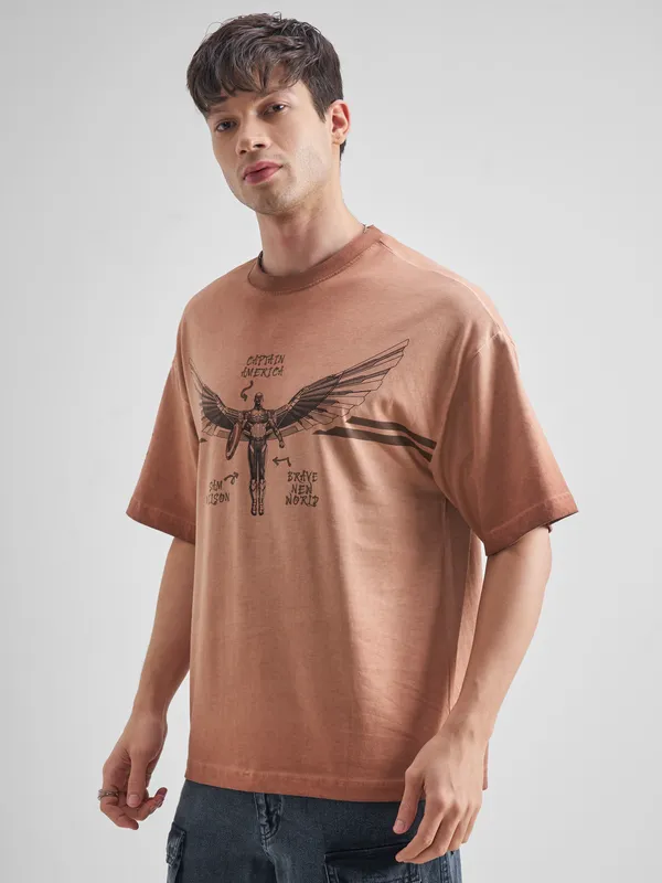 Marvel By Highlander Men Brown Captain America Printed Round Neck Oversized Fit T-Shirt