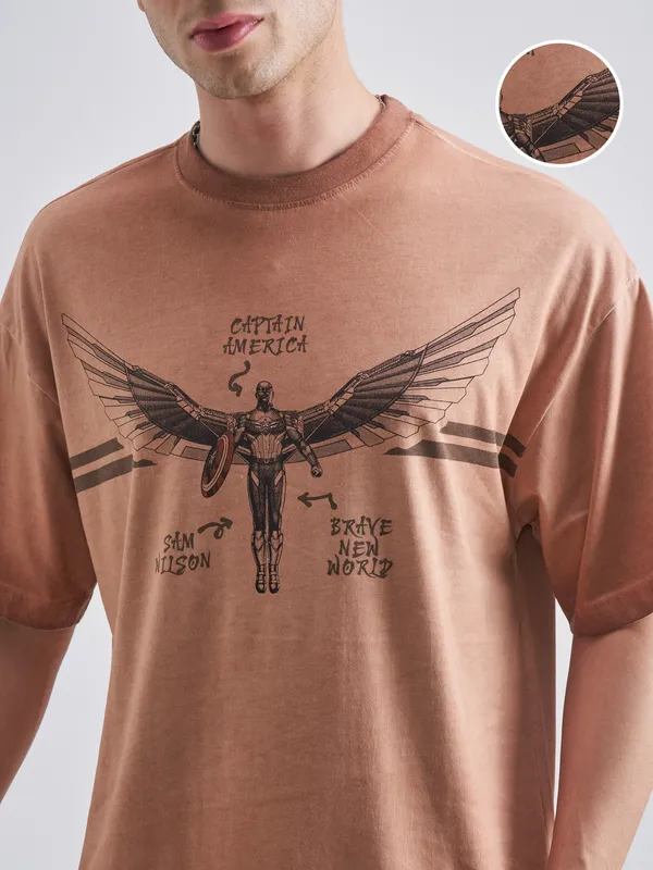 Marvel By Highlander Men Brown Captain America Printed Round Neck Oversized Fit T-Shirt