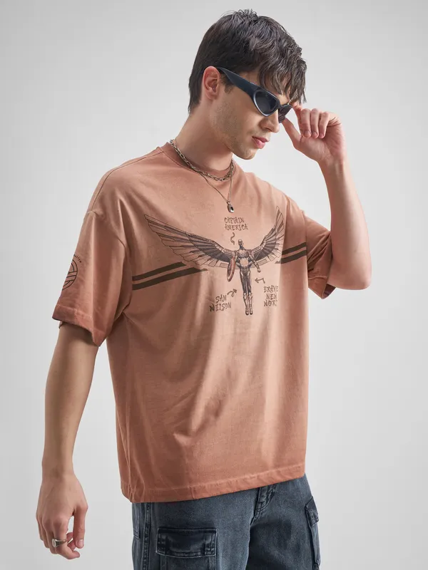 Marvel By Highlander Men Brown Captain America Printed Round Neck Oversized Fit T-Shirt