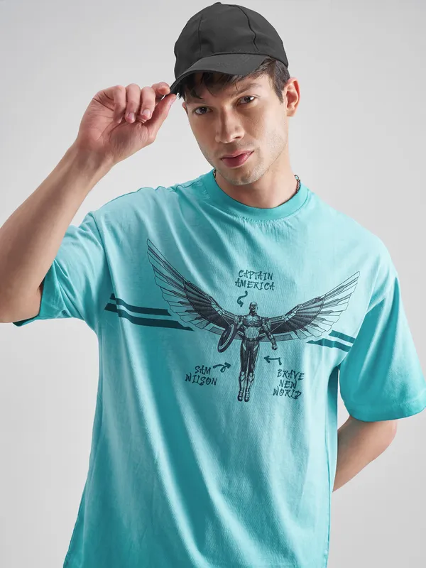 Marvel By Highlander Men Blue Captain America Printed Round Neck Oversized Fit T-Shirt