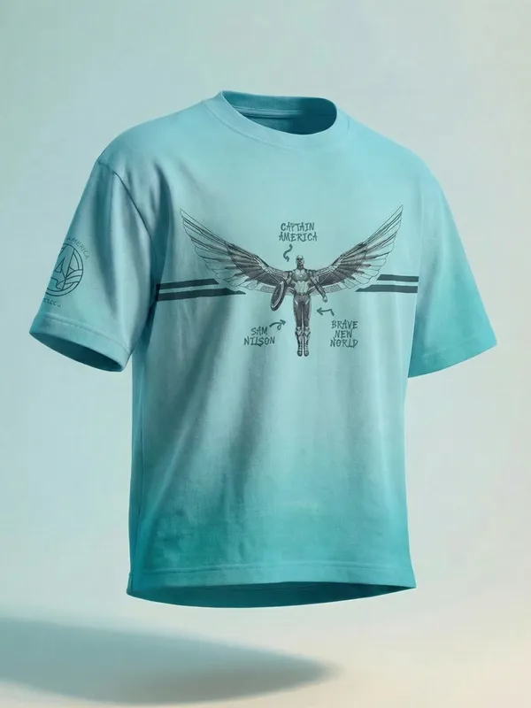 Marvel By Highlander Men Blue Captain America Printed Round Neck Oversized Fit T-Shirt