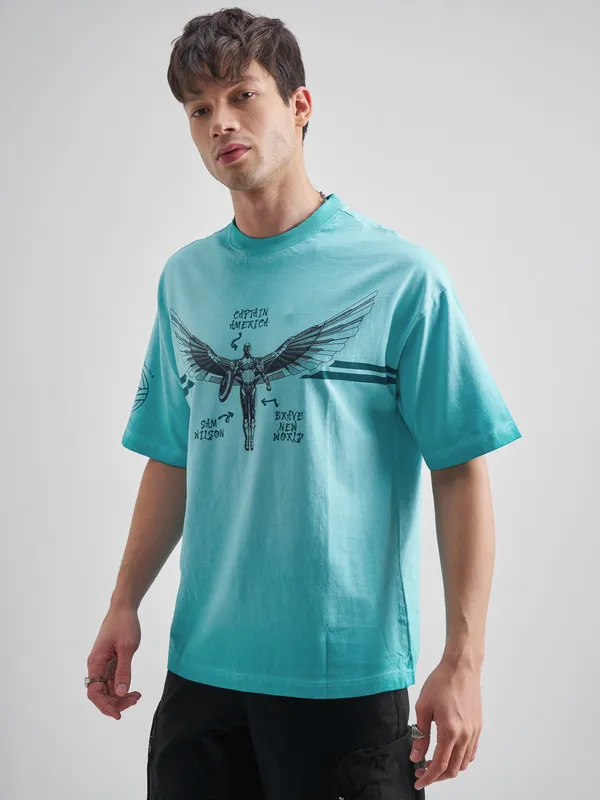 Marvel By Highlander Men Blue Captain America Printed Round Neck Oversized Fit T-Shirt