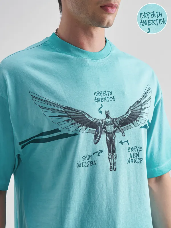 Marvel By Highlander Men Blue Captain America Printed Round Neck Oversized Fit T-Shirt