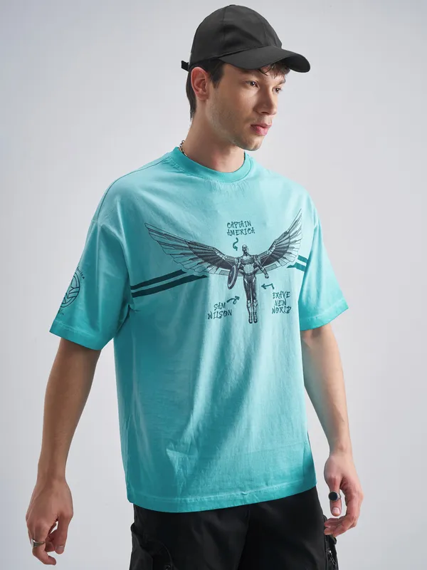 Marvel By Highlander Men Blue Captain America Printed Round Neck Oversized Fit T-Shirt