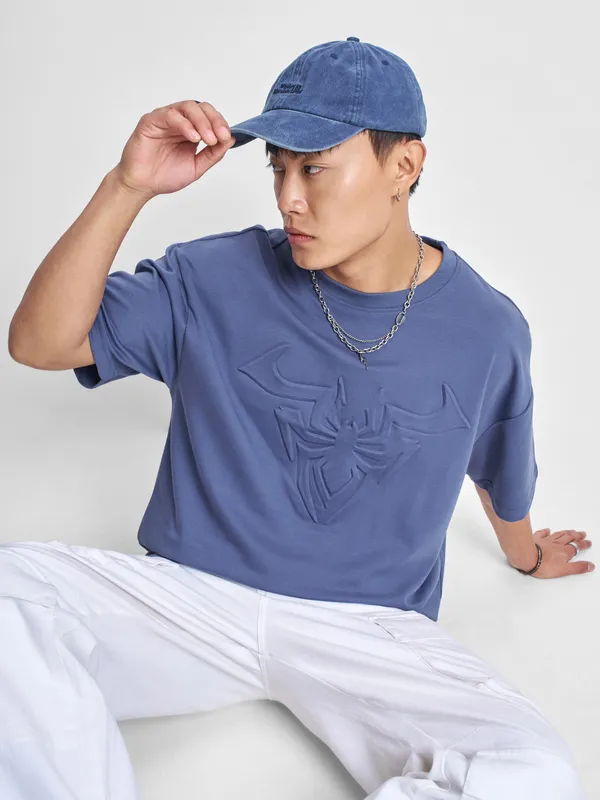 Marvel By Highlander Men Blue Spider-Man Self Design Round Neck Oversized Fit T-Shirt