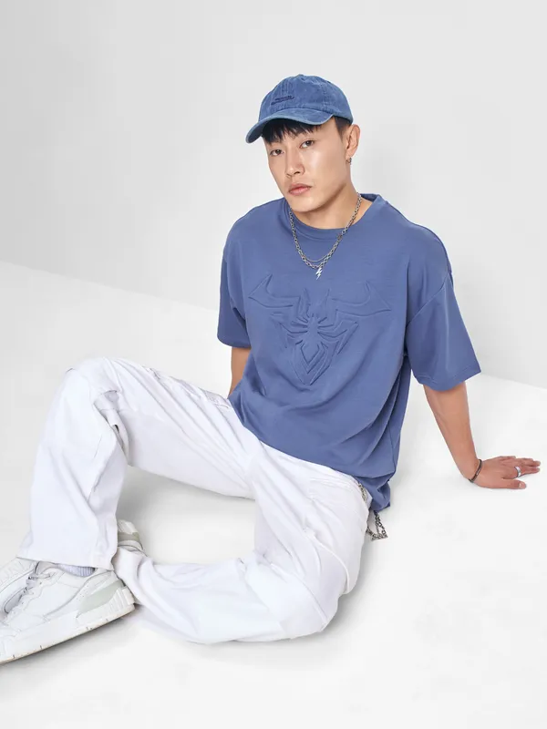 Marvel By Highlander Men Blue Spider-Man Self Design Round Neck Oversized Fit T-Shirt