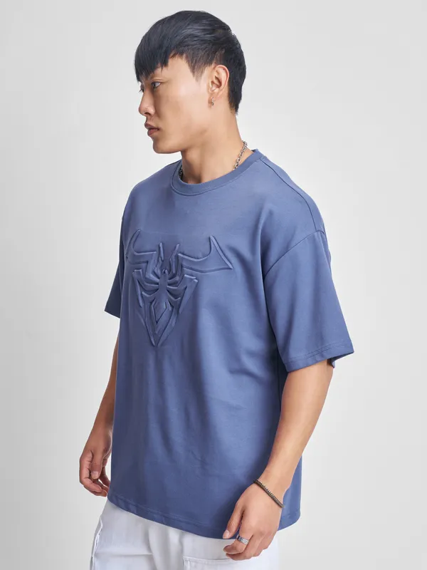 Marvel By Highlander Men Blue Spider-Man Self Design Round Neck Oversized Fit T-Shirt