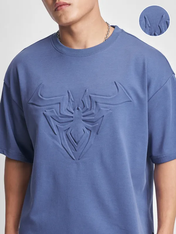 Marvel By Highlander Men Blue Spider-Man Self Design Round Neck Oversized Fit T-Shirt