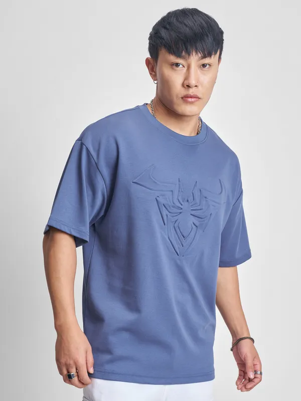 Marvel By Highlander Men Blue Spider-Man Self Design Round Neck Oversized Fit T-Shirt