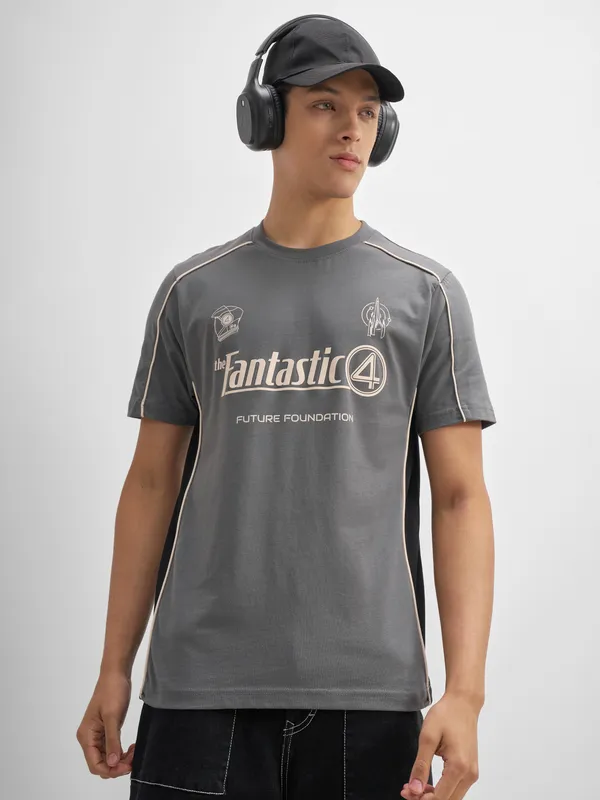 Marvel By Highlander Men Grey The Fantastic Four Printed Round Neck T-Shirt