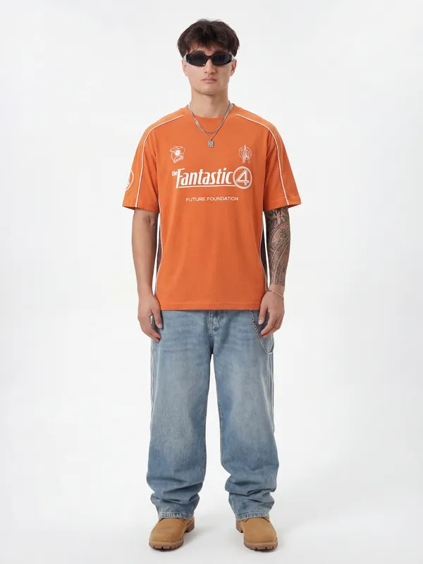 Marvel By Highlander Men Orange The Fantastic Four Printed Round Neck T-Shirt