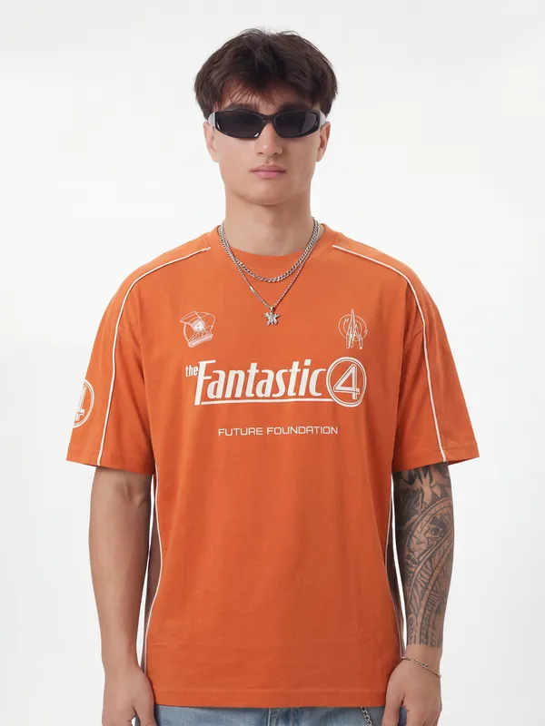 Marvel By Highlander Men Orange The Fantastic Four Printed Round Neck T-Shirt