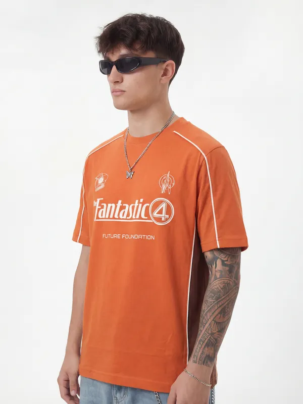 Marvel By Highlander Men Orange The Fantastic Four Printed Round Neck T-Shirt