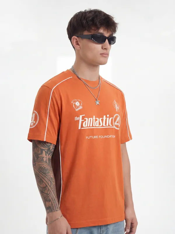 Marvel By Highlander Men Orange The Fantastic Four Printed Round Neck T-Shirt