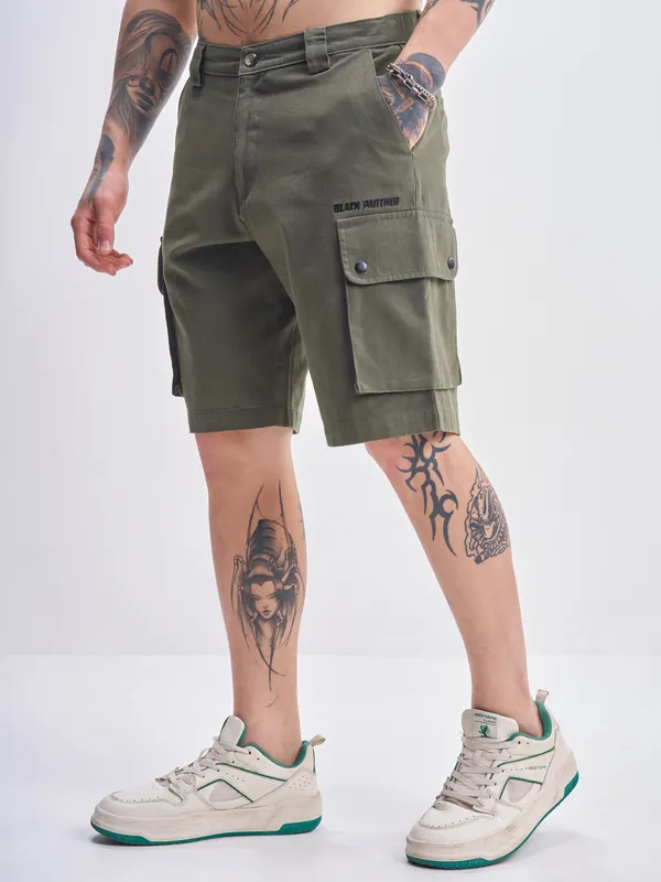 Marvel By Highlander Men Olive Black Panther Relaxed Fit Cargo Shorts