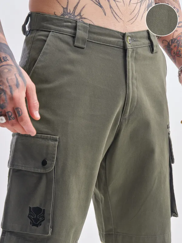 Marvel By Highlander Men Olive Black Panther Relaxed Fit Cargo Shorts