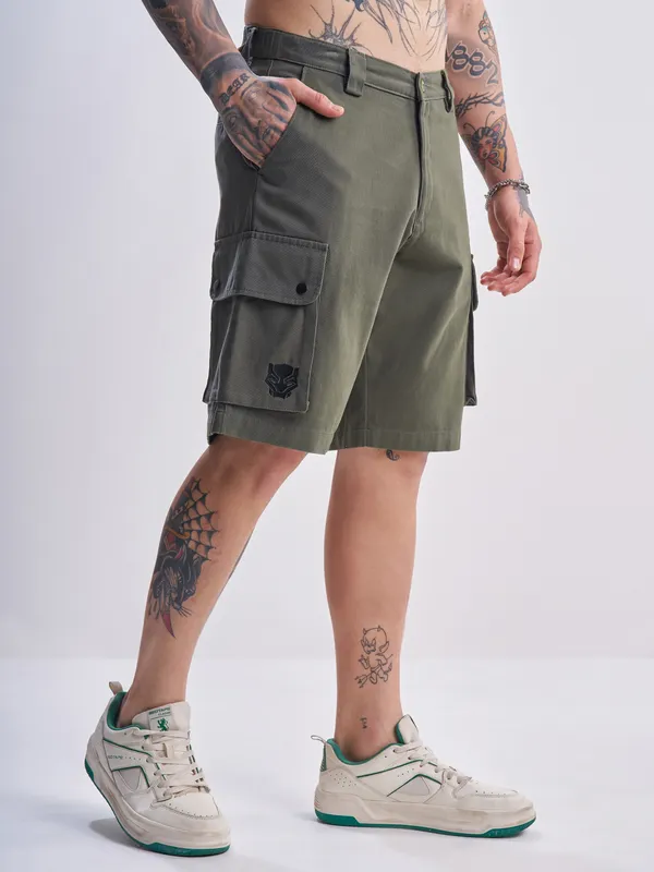 Marvel By Highlander Men Olive Black Panther Relaxed Fit Cargo Shorts