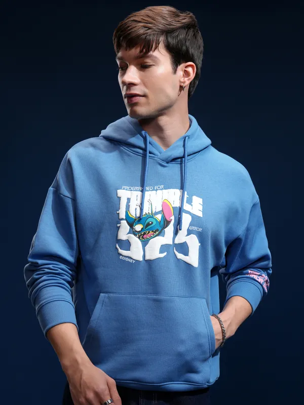 Disney By Highlander Men Blue Stitch Hood Pullover Oversized Fit Sweatshirt