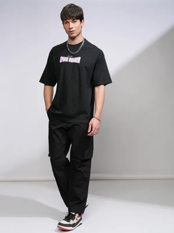 Disney By Highlander Men Black Buzz Lightyear Printed Round Neck Oversized Fit T-Shirt