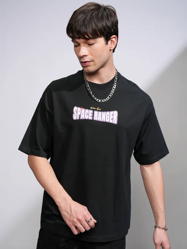 Disney By Highlander Men Black Buzz Lightyear Printed Round Neck Oversized Fit T-Shirt