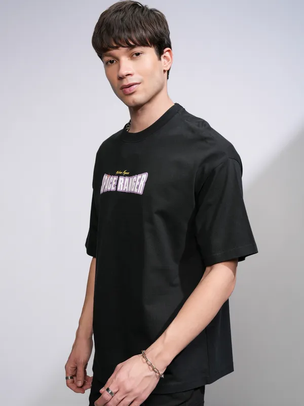 Disney By Highlander Men Black Buzz Lightyear Printed Round Neck Oversized Fit T-Shirt