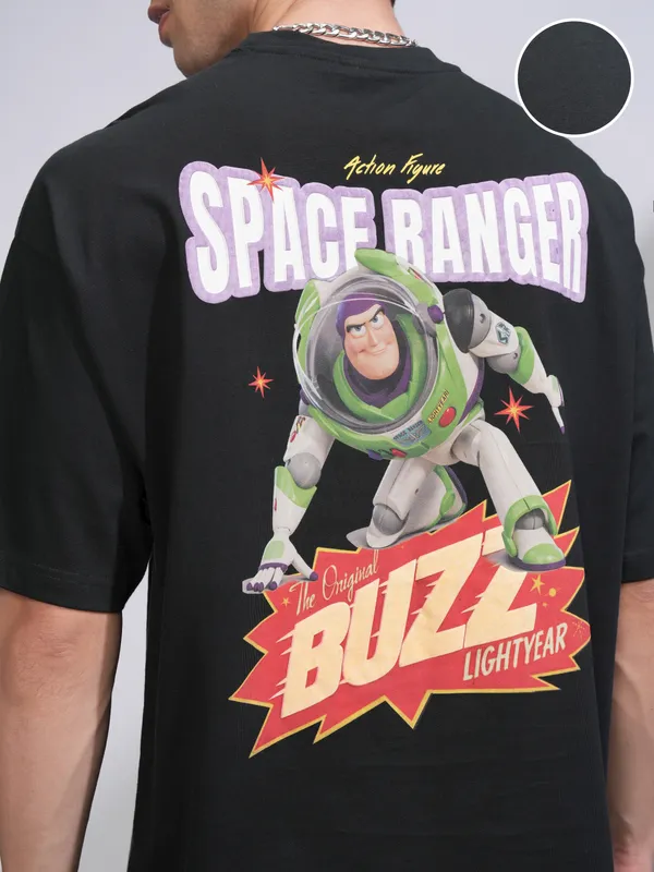 Disney By Highlander Men Black Buzz Lightyear Printed Round Neck Oversized Fit T-Shirt