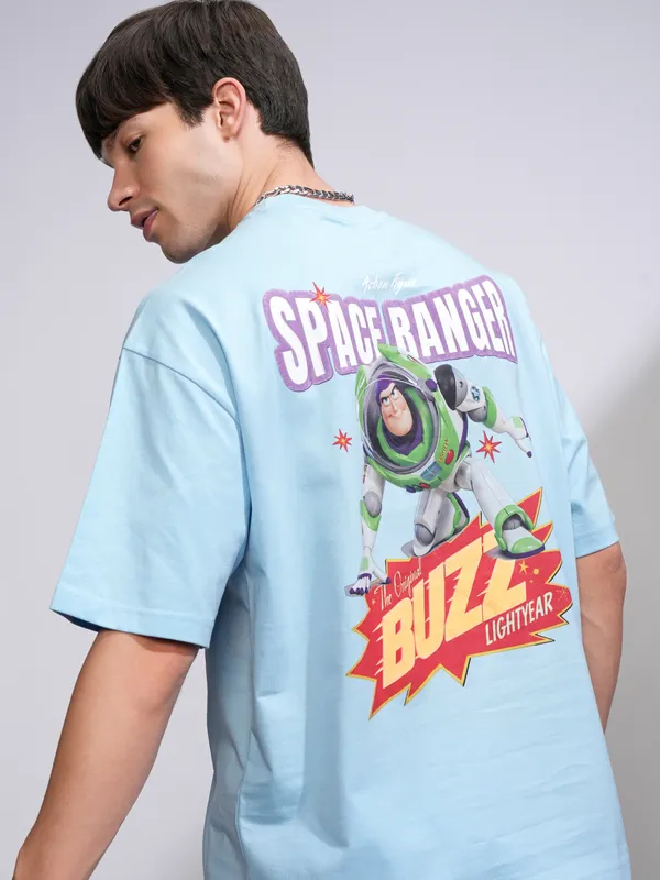 Disney By Highlander Men Blue Buzz Lightyear Printed Round Neck Oversized Fit T-Shirt